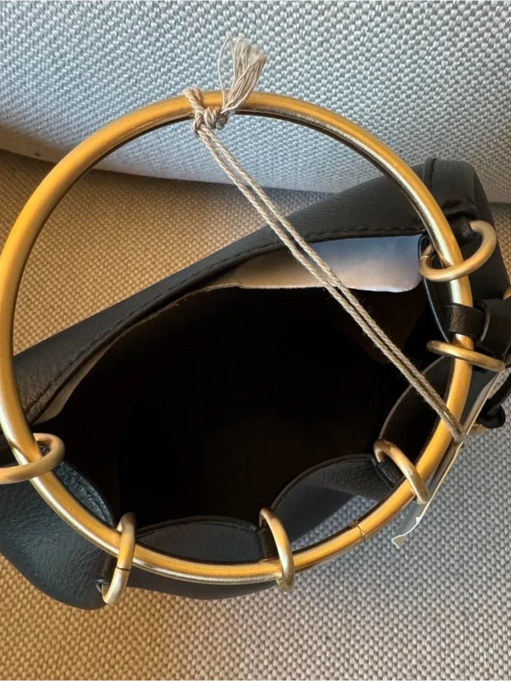 Women’s Black Leather-Textured Bucket Bag with Gold Ring Handle